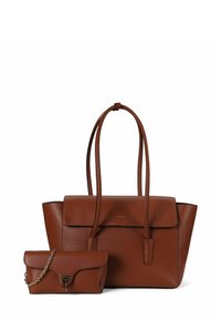 Bruine leren handtas met twee handvatten, rechthoekige vorm en een overslaande klep; inclusief een kleinere bijpassende etui met een kettingriem.