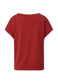 Rotes T-Shirt mit kurzen Ärmeln aus Baumwolle, locker geschnitten, mit weitem Halsausschnitt und glatter Textur, einfachem Design und ohne sichtbare Logos.