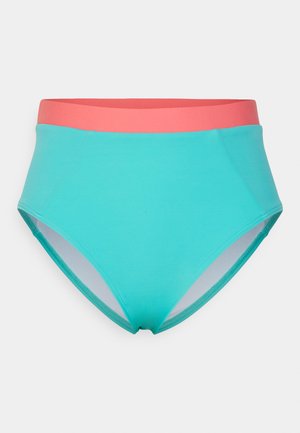 High-waisted bikini bottom featuring a turquoise main body and a coral waistband. Made of smooth, stretchy material with seamless edges.