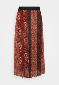 Maxi rok met een zwarte elastische tailleband. Bevat gestreepte stof met bloempatronen in rode, zwarte en beige tinten. Doorzichtige textuur.