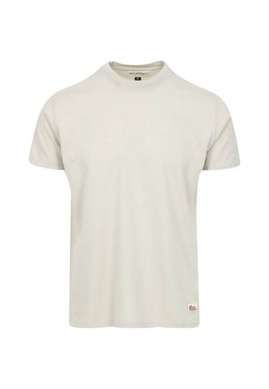 T-shirt a maniche corte in cotone beige chiaro, colletto rotondo, con orlo cucito e un piccolo logo rosso sul lato inferiore.