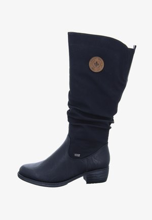 Bottes noires haute jusqu'au genou avec un design décontracté. Fabriquées en cuir et en tissu, elles présentent un patch logo beige et un petit talon empilé.