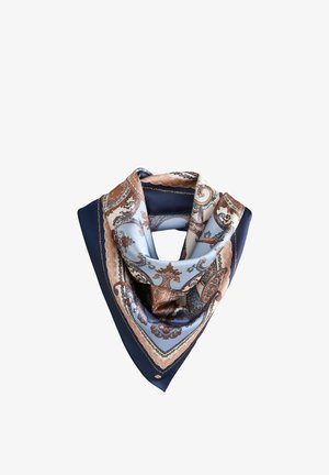 Silky square scarf with intricate paisley and floral patterns in navy blue, beige, and light blue, folded in a triangular shape.