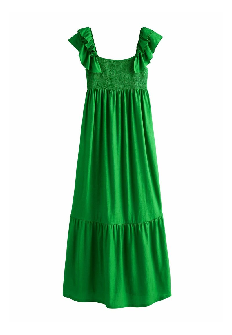 Robe maxi en coton vert avec un corsage smocké, des bretelles à volants et un design de jupe à volants. Texture douce, légère et silhouette fluide.