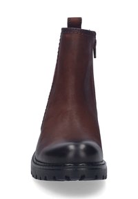 Botín de cuero marrón hasta el tobillo con textura suave, punta redonda, tira para tirar, cierre lateral con cremallera y suela de goma negra resistente.
