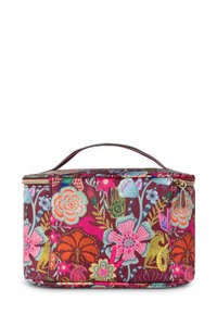 Kleurige bloemenmake-up tas met een kastanjebruine basis, gouden rits en handvat. Beschikt over verschillende bloemen- en bladbloeden in levendige kleuren.