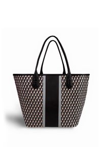 Taška typu tote s geometrickým vzorem v odstínech černé, béžové a šedé, s černými koženými doplňky a dvojitými uchy.