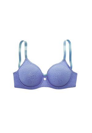 Lavendelfarbener Spitzen-BH mit Bügel, vorgeformten Cups, hellblauen verstellbaren Trägern und einer kleinen Schleife in der vorderen Mitte.