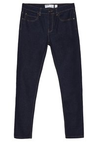 Mörkblå denimjeans med slim fit, utrustade med fem fickor och gul sömnad. Designen inkluderar en knappstängning fram och bältesöglor.