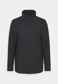 Veste homme gris foncé en mélange de laine avec col montant et fermeture à un bouton au niveau du cou, manches longues et ourlet droit.