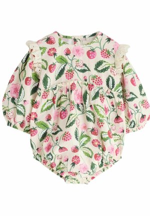 Baby-Strampler mit langen Ärmeln, rosa Erdbeer- und Blumenmuster, Rüschenbesatz an den Schultern und elastischen Bündchen an Ärmeln und Beinen.