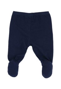 Pantalons pour bébé en coton bleu marine avec design à pieds, taille élastique et poignets froncés aux jambes. Construction simple et pratique.