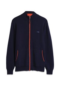 Marine-ziptrui met oranje accenten, geribbelde kraag en boorden. Heeft twee voorzakken en een klein logo op de linkerkant van de borst.