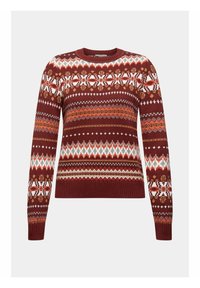 Pull en tricot bourgogne avec des motifs géométriques et floraux en blanc, orange et gris. Col rond, manches longues, poignets et ourlet côtelés.