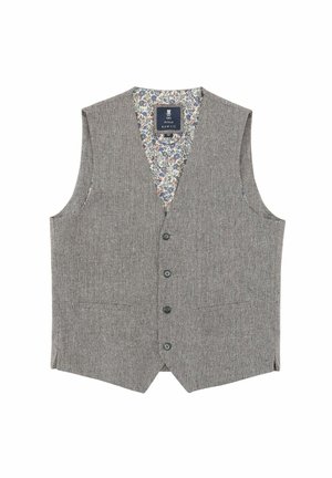 Graue, ärmellose Weste aus strukturiertem Stoff mit fünf Knöpfen und einem floral gemusterten Futter. Mit zwei Fronttaschen und einem abgerundeten Saum.