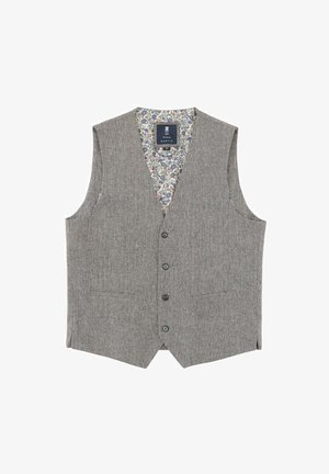 Graue, ärmellose Weste aus strukturiertem Stoff mit fünf Knöpfen und einem floral gemusterten Futter. Mit zwei Fronttaschen und einem abgerundeten Saum.