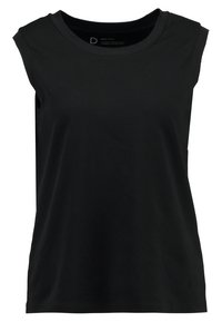 Haut sans manches noir en tissu doux, avec un col rond et une coupe décontractée. Design simple sans motifs ni éléments visibles.