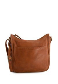 Brown leather shoulder bag with a smooth texture, rounded shape, top zipper closure, and a front pocket. Adjustable strap and stitching details.