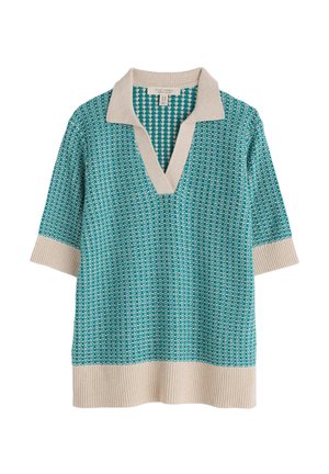 Pull à manches courtes en teal avec un motif, présentant un col crème et un ourlet côtelé. Détail en V. Texture tricotée légère.