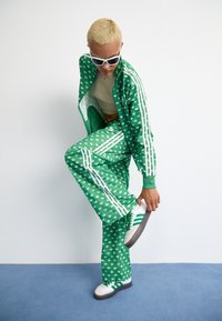 Survêtement vert avec des motifs d'oiseaux blancs, featuring des rayures blanches ; associé à des baskets blanches et des accents verts. Texture lisse, design décontracté.