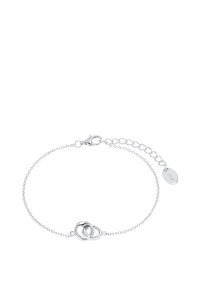 Bracciale argento con anelli intrecciati al centro, finissime maglie di catena, chiusura a moschettone e una catena regolabile con un'etichetta.