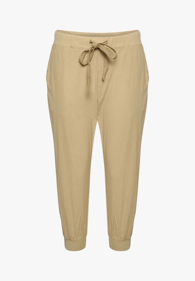 Pantalons beige légers à taille cintrée avec un waistband élastique, cordon de serrage ajustable, poches latérales et jambes élastiques aux chevilles.