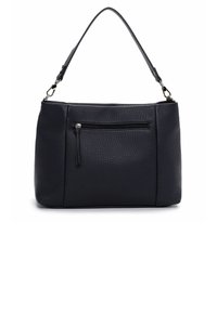 Sort læderhåndtaske med tekstureret finish, enkelt håndtag, lynlåslomme foran og rektangulær form. Minimale metaldetaljer.