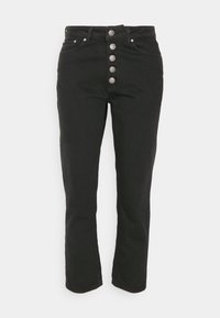 Černé džíny s vysokým pasem a rovnými nohavicemi, se sedmi knoflíky vpředu a jemnými švy.