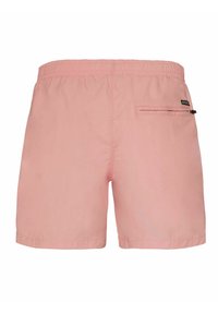 Roze, lichte zwembroek met een trekkoord in de taille, een achterzak met rits en een gladde textuur. Basisontwerp zonder patronen of accenten.