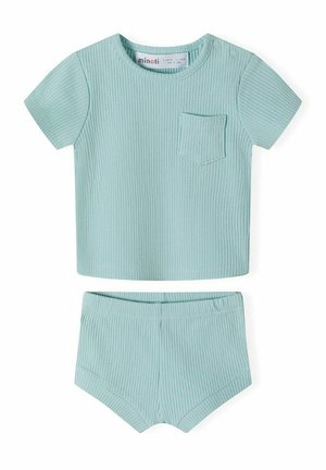 Mintgroene geribde top met korte mouwen en zak, samen met bijpassende shorts. Heeft een zachte textuur en een elastische taille voor comfort.