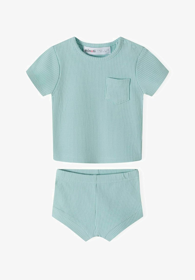 Cămașă scurtă dintr-un material verde mentă, cu dungi, având buzunar și pantaloni scurți asortati. Dispune de o textură moale și talie elastică pentru confort.