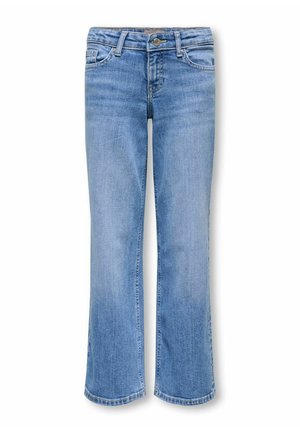 Jasnoniebieskie dżinsy z lekkim rozszerzeniem nogawki, z przodu guzik, zamek błyskawiczny, szlufki na pasek oraz kieszenie z przodu i z tyłu.