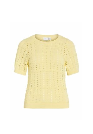 Haut à manches courtes en tricot jaune avec un col rond et un motif en ajouré, présenté sur un fond blanc à plat.