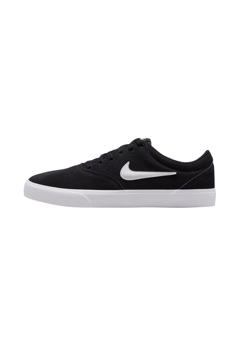 Black suede sneakers with white rubber sole and swoosh logo, featuring a low-top design and classic lace-up closure.