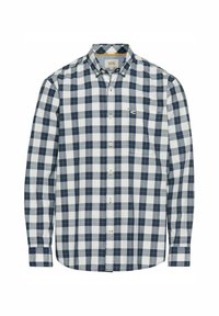 Koszula zapinana na guziki w granatowo-białą kratę gingham, z długimi rękawami, kołnierzykiem oraz jedną kieszenią na piersi z subtelnym haftem logo.