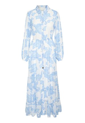 Lång, knapp-up klänning i vit tyg med ett blått paisleymönster. Inkluderar långa ärmar, midja med dragsko och en utsvängd nederkant.