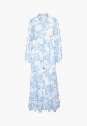 Langes, knöpfbares Kleid aus weißem Stoff mit einem blauen Paisleymuster. Es hat lange Ärmel, eine Kordelzug-Taille und einen ausgestellt Saum.