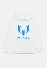Hoodie blanc avec un grand logo graphique bleu et le texte "MESSi" en police moderne et en gras. Fabriqué à partir d'un tissu doux avec une poche kangourou à l'avant.