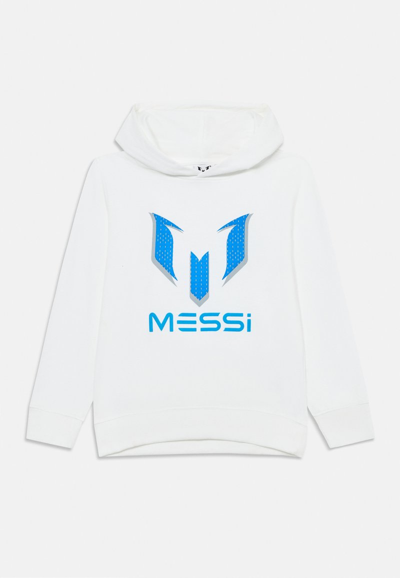 Felpa bianca con cappuccio caratterizzata da un grande logo grafico blu e il testo "MESSi" in un font moderno e in grassetto. Realizzata in tessuto morbido e dotata di una tasca a marsupio frontale.