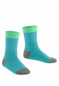 Türkise Socken mit einem grünen gerippten Bündchen, grauem Absatz und Zehen sowie kleinen grünen Akzenten an der Sohle. Hergestellt aus weichem, dehnbarem Material.