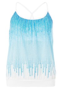 Blå och vit ärmlös linne med prickig gradientmönster och tunna vita dubbelremmar som korsar sig på ryggen.