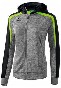 Grå zip-up huvtröja med svarta ärmar och ljusgröna accenter, med en strukturerad tygkvalitet och justerbar huva. Har ribbade ärmslut och nederkant.