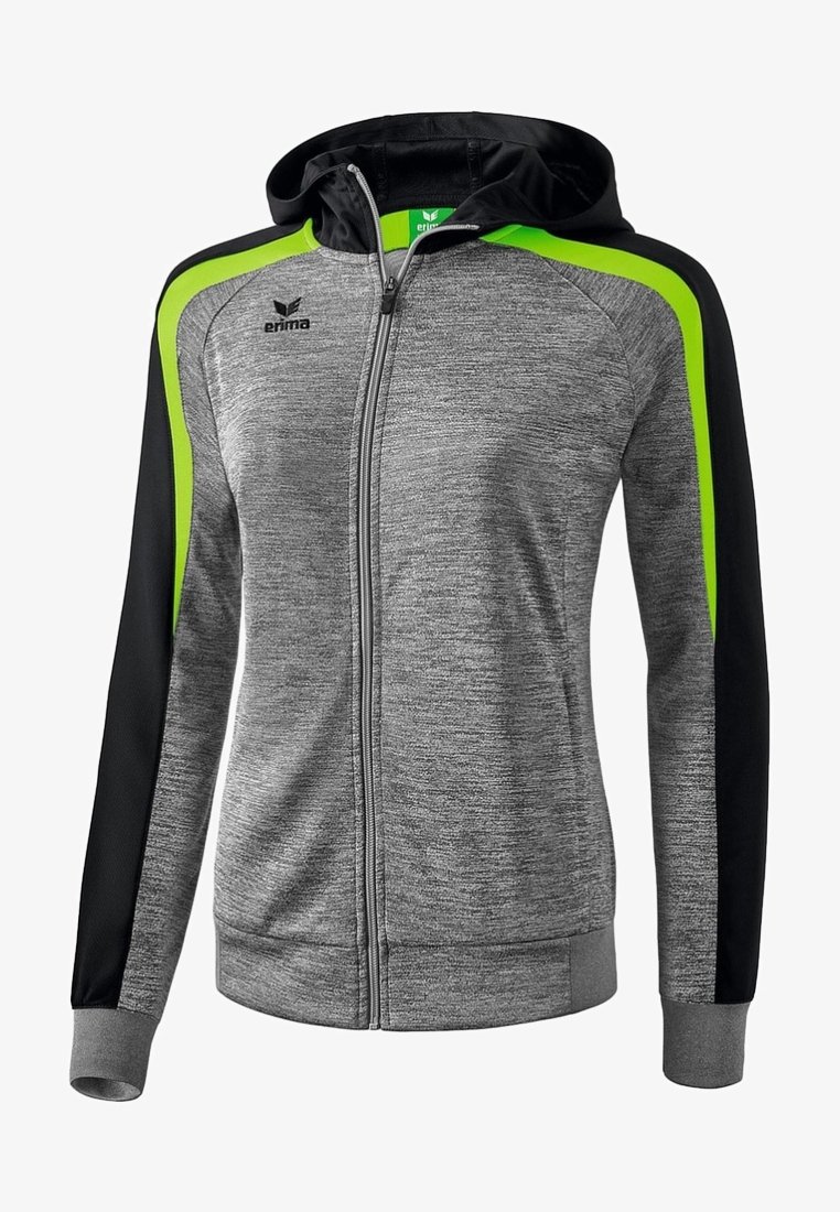 Grå zip-up huvtröja med svarta ärmar och ljusgröna accenter, med en strukturerad tygkvalitet och justerbar huva. Har ribbade ärmslut och nederkant.