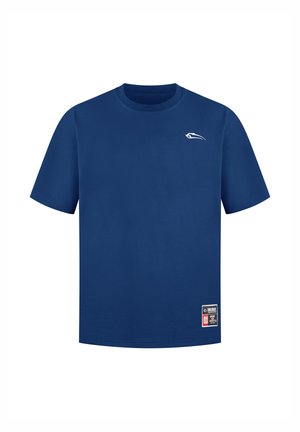 Marineblaue Baumwoll-T-Shirt mit Rundhalsausschnitt, kurzen Ärmeln, weißem Logo auf der Brust und einem Etikett auf der unteren linken Seite.