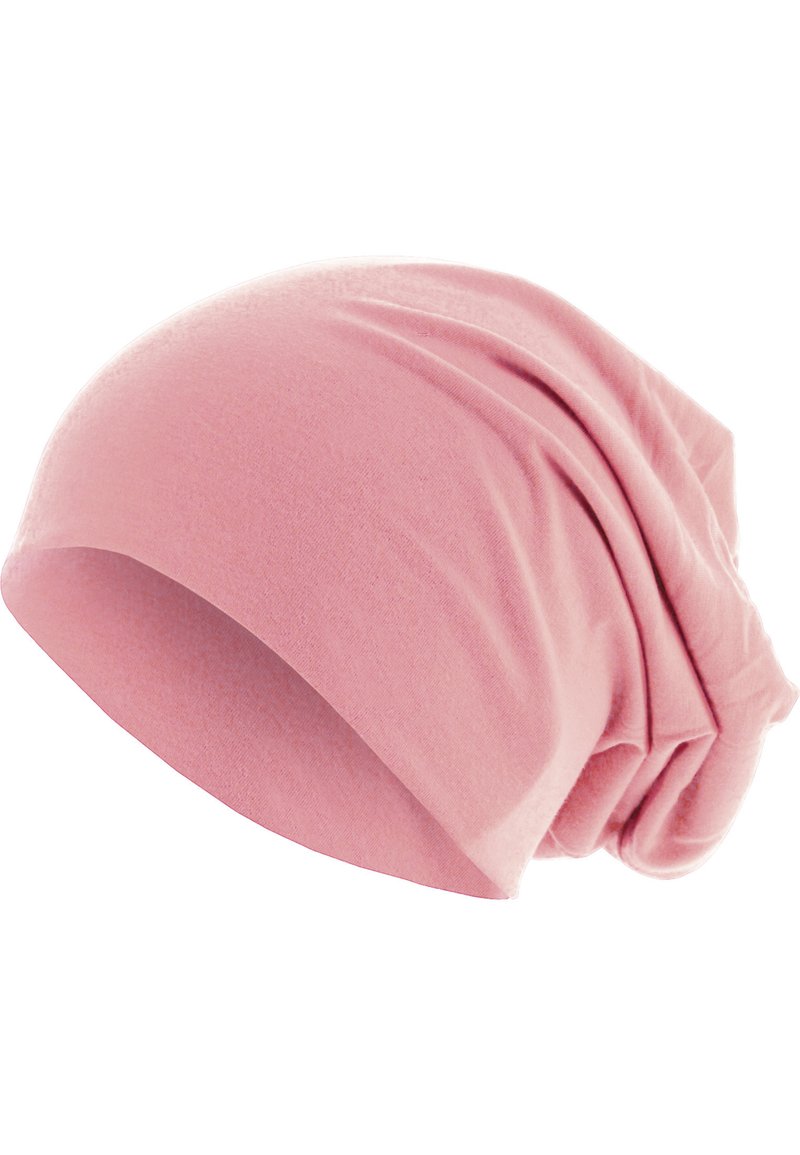 Berretto rosa realizzato in morbido tessuto elasticizzato con un design slouchy, caratterizzato da pieghe morbide e una texture liscia in tutto il capo.