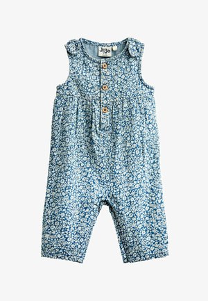 Blå ærmeløs babyheldragt med hvidt blomsterprint, træknapper foran og skulderbånd, størrelse 0-3 måneder.