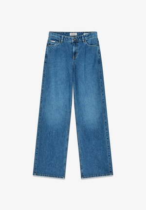 Φαρδιά τζιν παντελόνια από ανοιχτό μπλε τζιν ύφασμα με ψηλή μέση, διαθέτουν κλείσιμο με κουμπί, τέσσερις τσέπες και ελάχιστες ραφές.