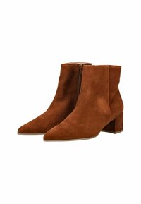 Stivaletti in suede marrone, con punta appuntita e tacco a blocco, dotati di cerniera laterale e superficie liscia.
