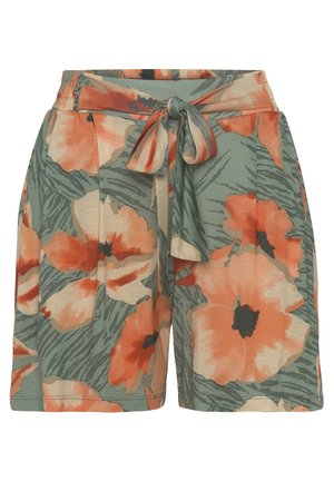 Shorts med høj talje med orange og beige blomstermønster på grøn baggrund og et bundet stofbælte foran.