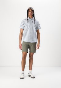 Chemise à manches courtes rayée en bleu et blanc, shorts vert olive, casquette grise, chaussettes blanches et baskets grises avec des rayures noires. Design simple.